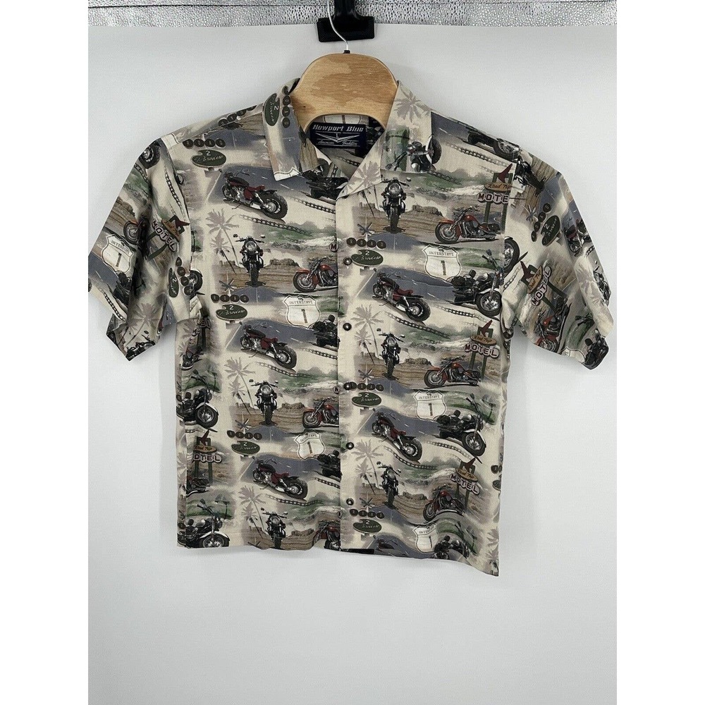 Newport Blue Men's LARGE Button Front Motorcycle Print Shirt Road Trip‎ CASUAL